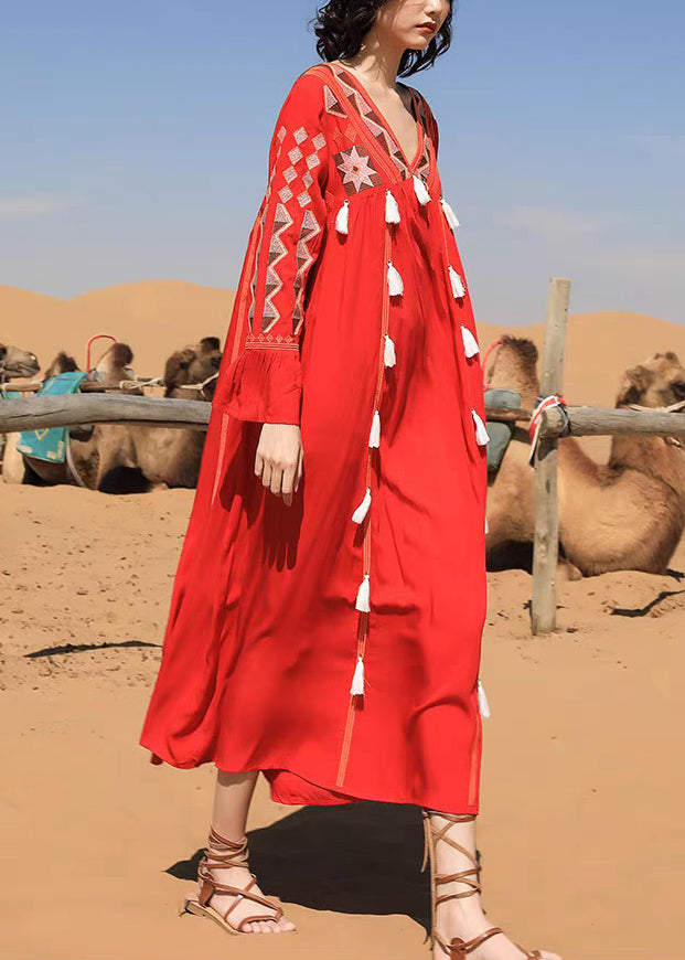 Long Patchwork Tasseled Neck Fall Cotton Dress Red V