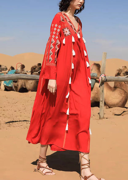 Long Patchwork Tasseled Neck Fall Cotton Dress Red V