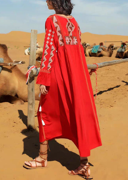 Long Patchwork Tasseled Neck Fall Cotton Dress Red V