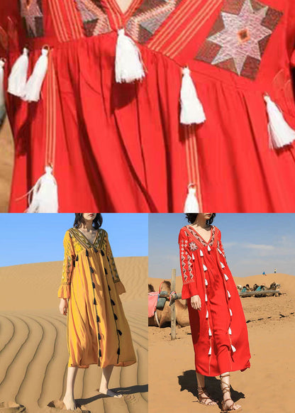 Long Patchwork Tasseled Neck Fall Cotton Dress Red V