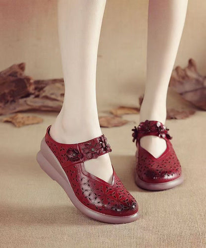 Leather Hollow Wedge Out Sandals Cowhide New Slide Splicing Red