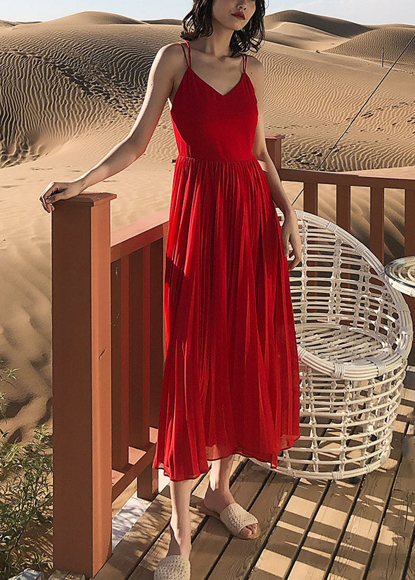 Neck Solid Summer Spaghetti Red Dress Wrinkled Strap Chiffon V