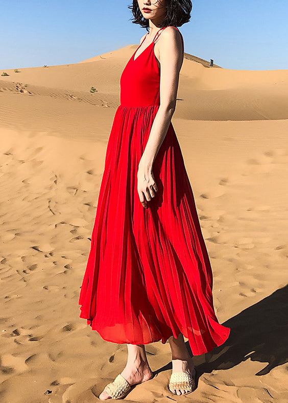 Neck Solid Summer Spaghetti Red Dress Wrinkled Strap Chiffon V