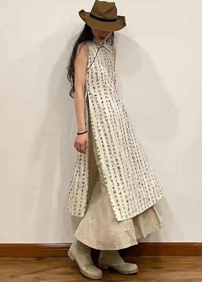 Retro Beige Stand Collar Print Side Open Cotton Dress Sleeveless WW1029