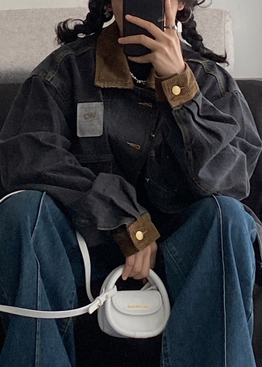 Denim Spring Pockets Mens Retro Button Black Coats Patchwork