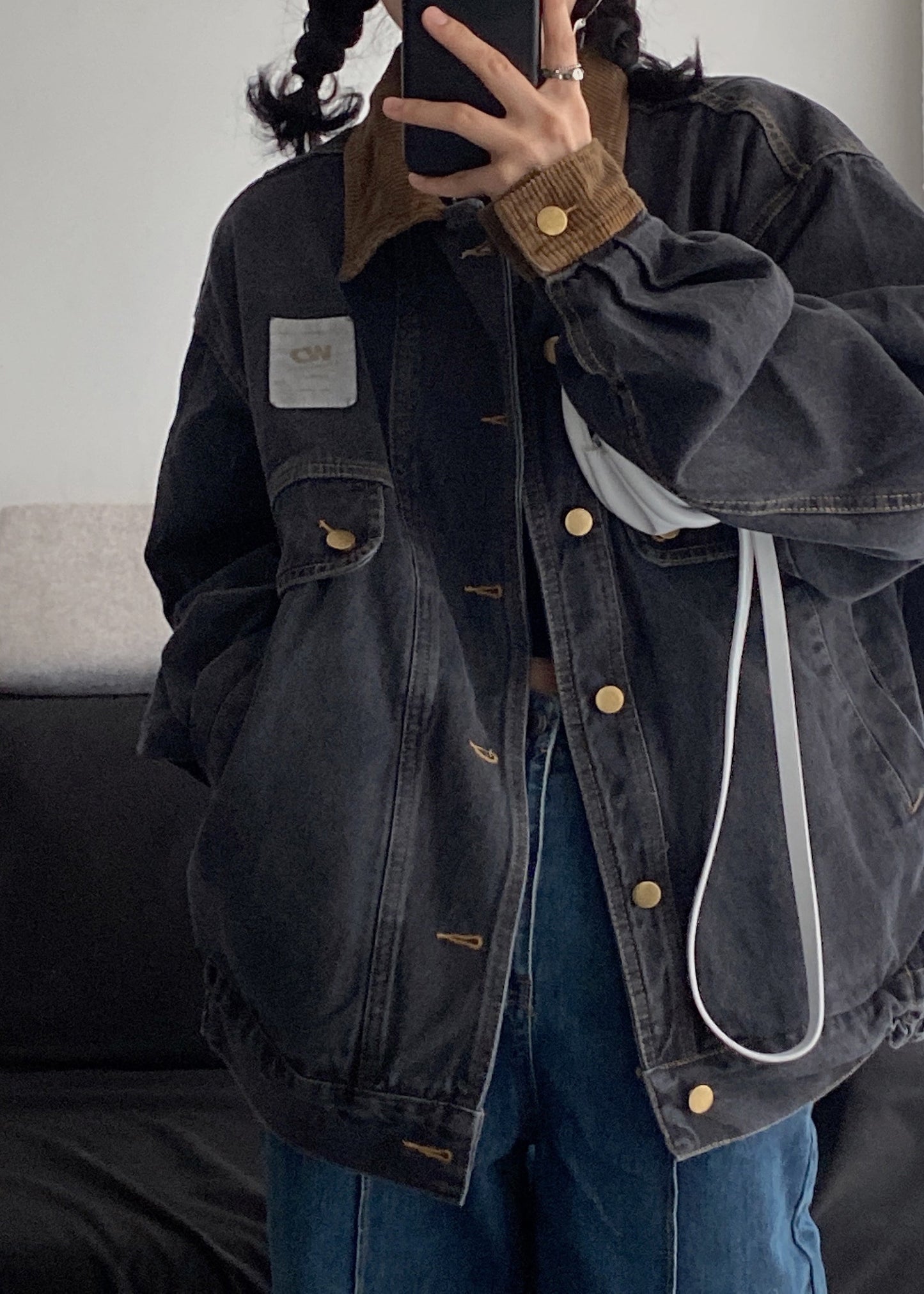 Denim Spring Pockets Mens Retro Button Black Coats Patchwork