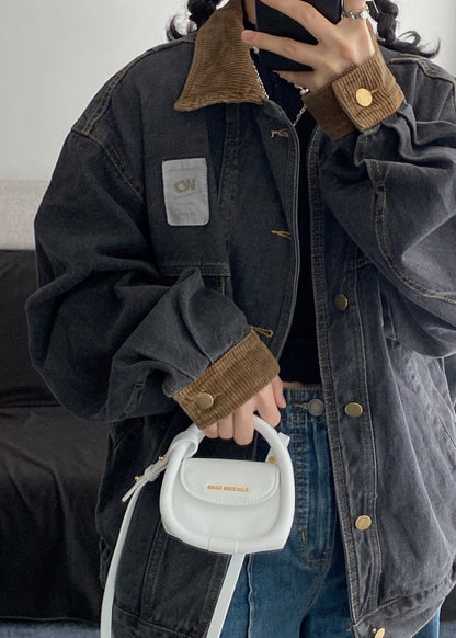 Denim Spring Pockets Mens Retro Button Black Coats Patchwork