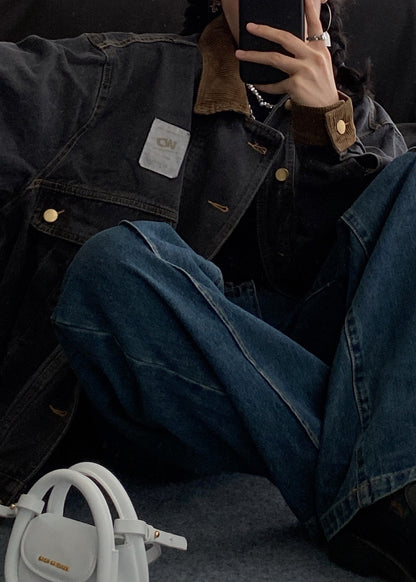 Denim Spring Pockets Mens Retro Button Black Coats Patchwork