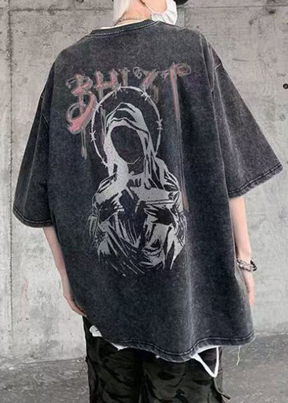 Retro Cotton Shirts Black O-Neck T Print Summer Mens