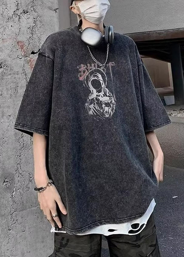 Retro Cotton Shirts Black O-Neck T Print Summer Mens