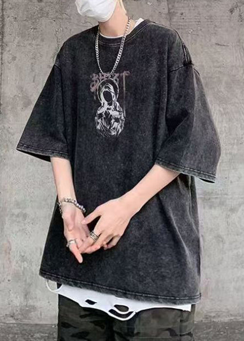 Retro Cotton Shirts Black O-Neck T Print Summer Mens