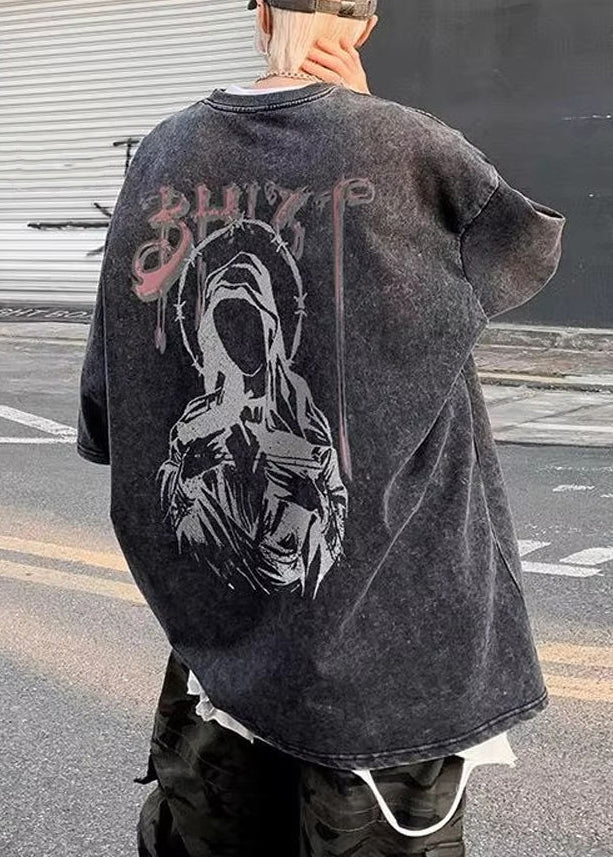 Retro Cotton Shirts Black O-Neck T Print Summer Mens