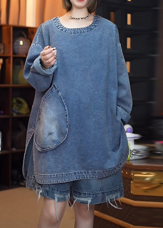 Retro Denim Open Black Side Tops Fall Patchwork