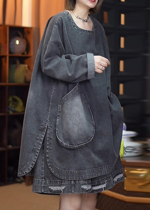 Retro Denim Open Black Side Tops Fall Patchwork