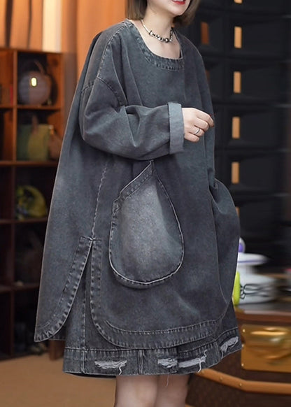 Retro Denim Open Black Side Tops Fall Patchwork