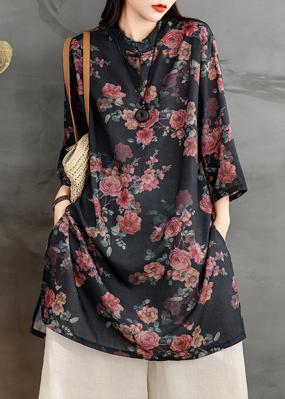 Stand Retro Linen Side Open Print Shirts Black Collar Dress