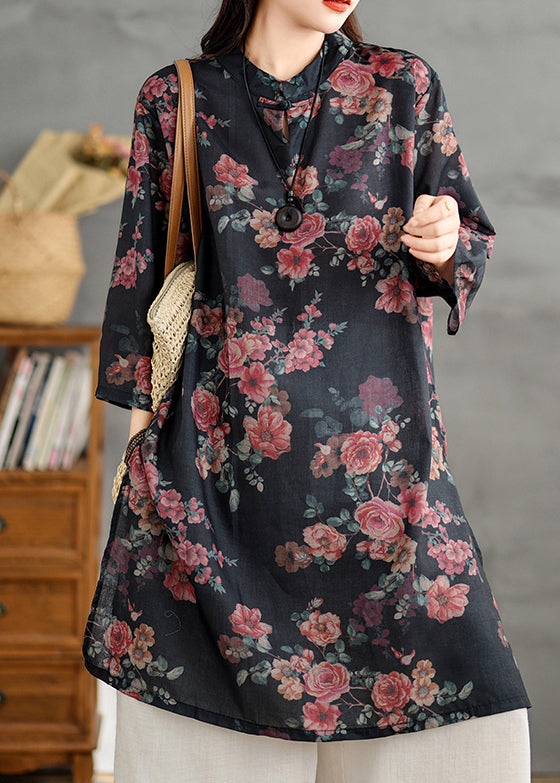 Stand Retro Linen Side Open Print Shirts Black Collar Dress