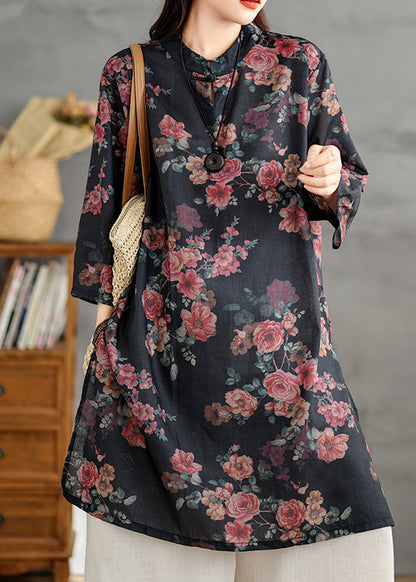 Stand Retro Linen Side Open Print Shirts Black Collar Dress