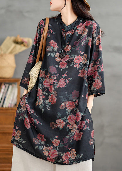 Stand Retro Linen Side Open Print Shirts Black Collar Dress