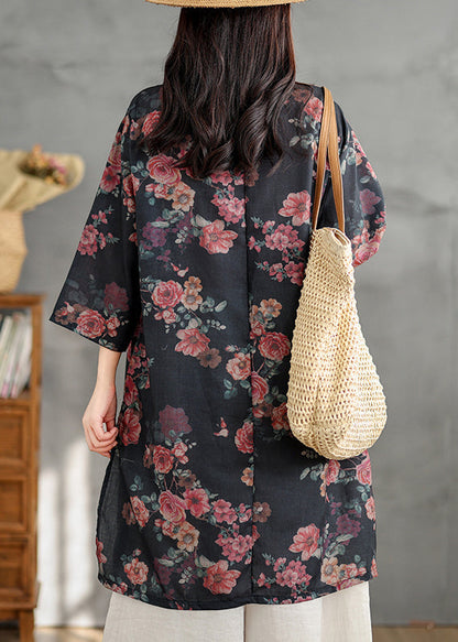 Stand Retro Linen Side Open Print Shirts Black Collar Dress