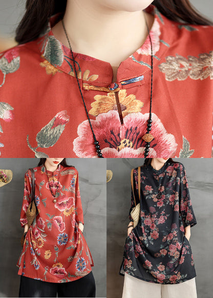 Stand Retro Linen Side Open Print Shirts Black Collar Dress