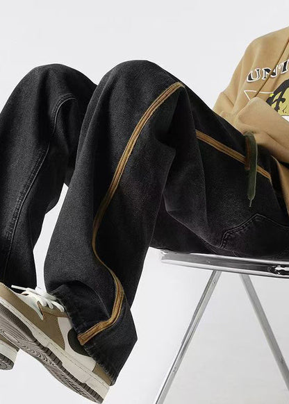 Mens Denim Up Retro Pants Spring Lace Black Striped