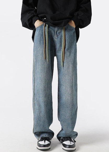 Mens Denim Up Retro Pants Spring Lace Black Striped