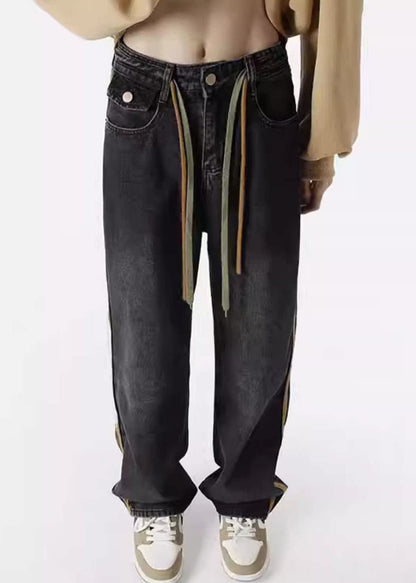 Mens Denim Up Retro Pants Spring Lace Black Striped