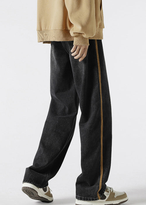 Mens Denim Up Retro Pants Spring Lace Black Striped