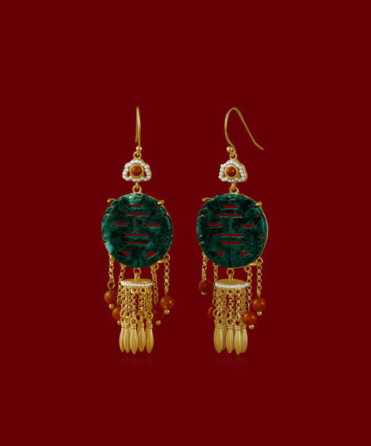 Retro Blackish Green Ancient Gold Inlaid Pearl Jade Agate Tassel Drop Earrings PO029