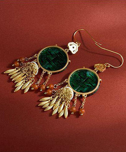 Retro Blackish Green Ancient Gold Inlaid Pearl Jade Agate Tassel Drop Earrings PO029