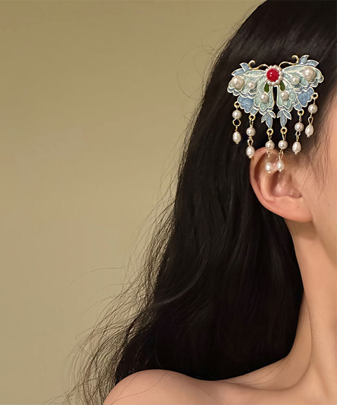 Hairpin Tassel Alloy Retro Blue Pearl Enameling Butterfly