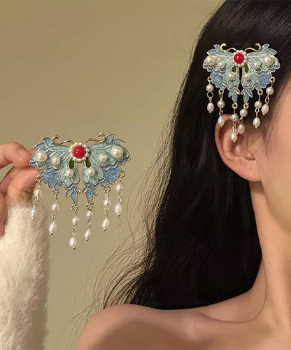 Hairpin Tassel Alloy Retro Blue Pearl Enameling Butterfly