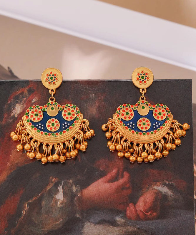 Retro Blue Antique Gold Enamel Tassel Drop Earrings QJ035