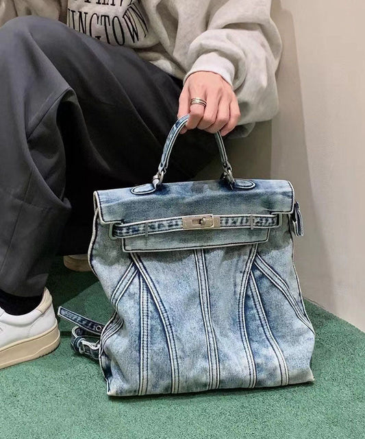 Sac à dos rétro bleu en denim solide et durable de grande capacité GG076