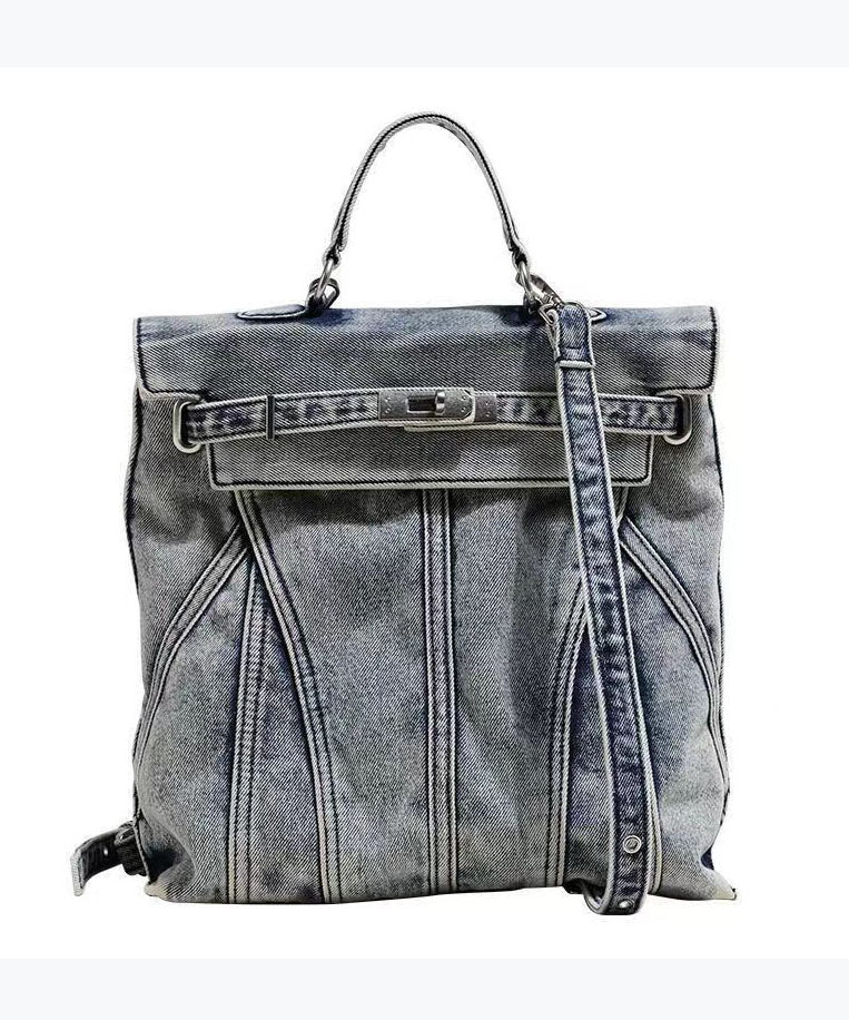 Sac à dos rétro bleu en denim solide et durable de grande capacité GG076