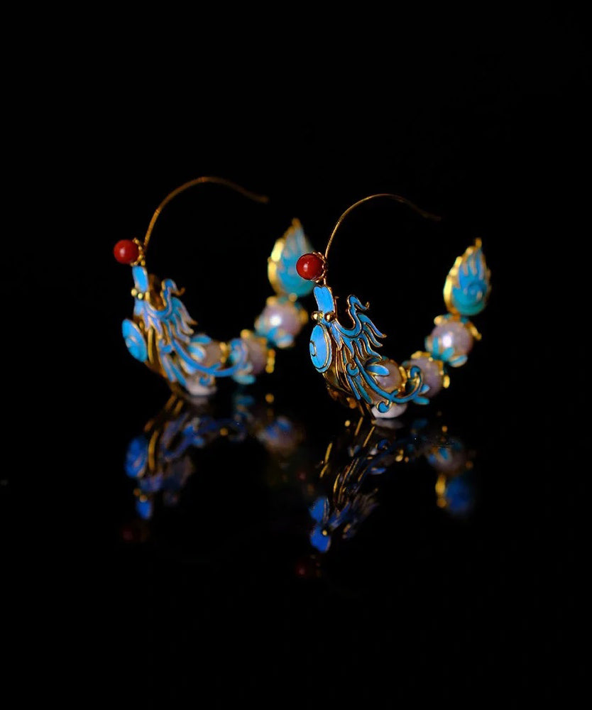 Retro Blue Overgild Agate Pearl Enamel Dragon Shaped Hoop Earrings WQ005