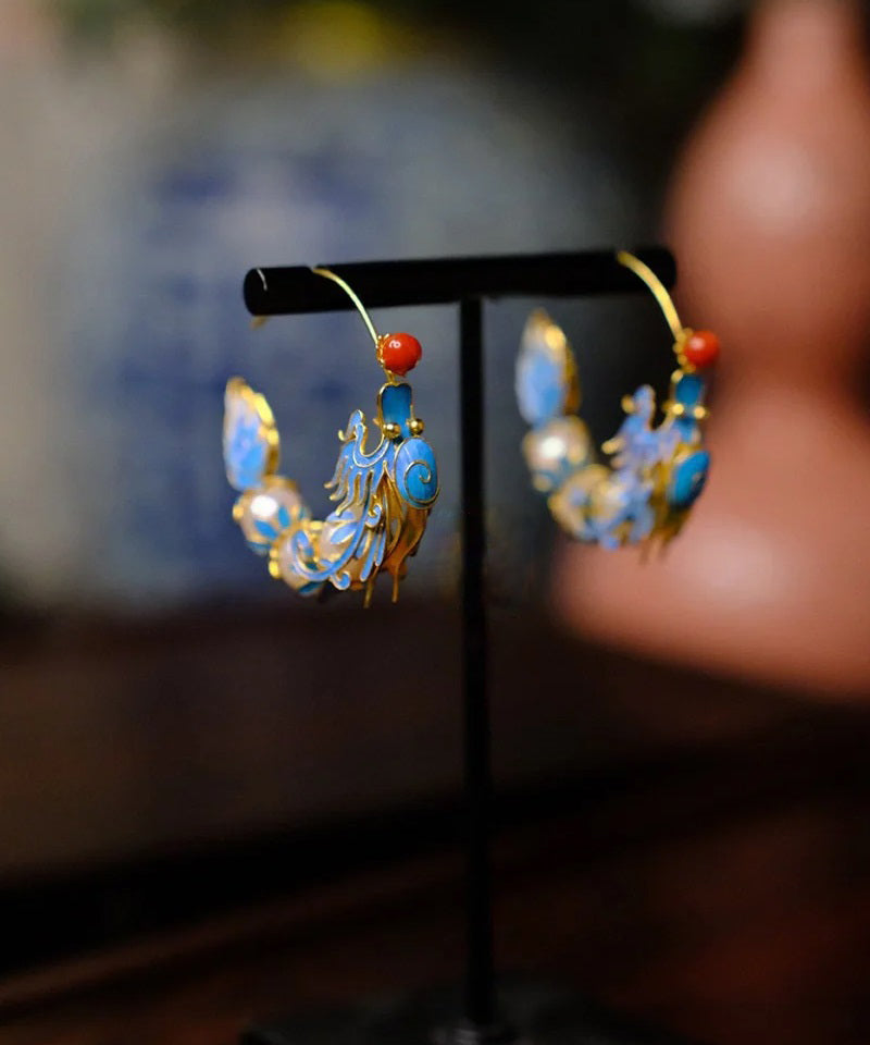 Retro Blue Overgild Agate Pearl Enamel Dragon Shaped Hoop Earrings WQ005