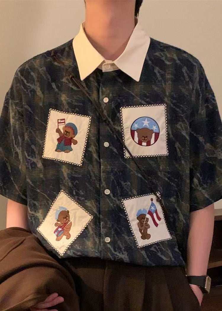 Oversized Mens Cotton Summer Shirts Plaid Blue Button Retro