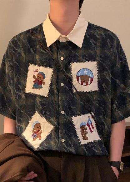 Oversized Mens Cotton Summer Shirts Plaid Blue Button Retro