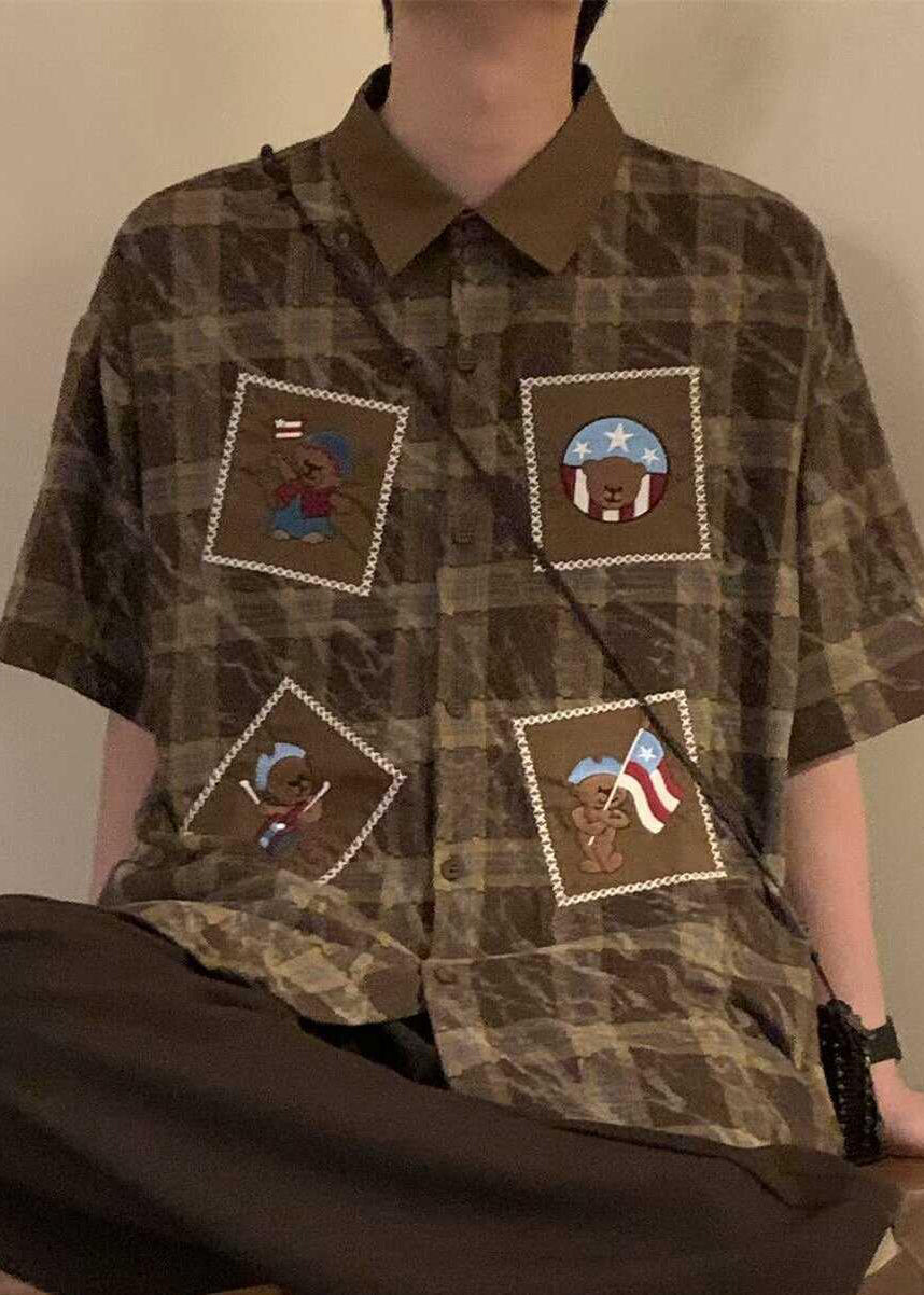 Oversized Mens Cotton Summer Shirts Plaid Blue Button Retro