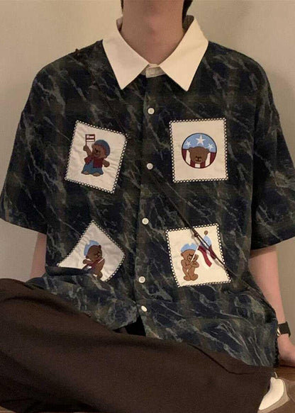 Oversized Mens Cotton Summer Shirts Plaid Blue Button Retro