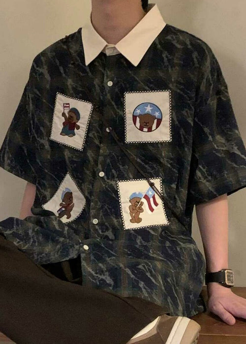 Oversized Mens Cotton Summer Shirts Plaid Blue Button Retro