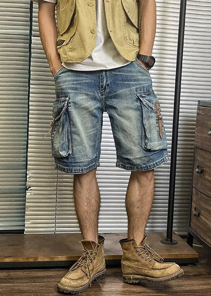 Blue Pockets Waist Shorts Denim Retro Summer Mens High