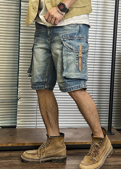 Blue Pockets Waist Shorts Denim Retro Summer Mens High