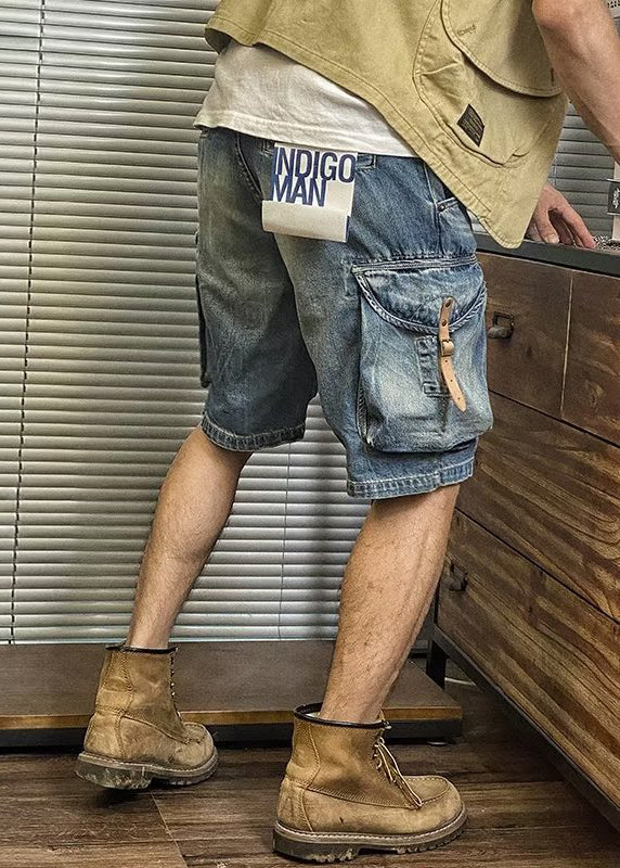 Blue Pockets Waist Shorts Denim Retro Summer Mens High