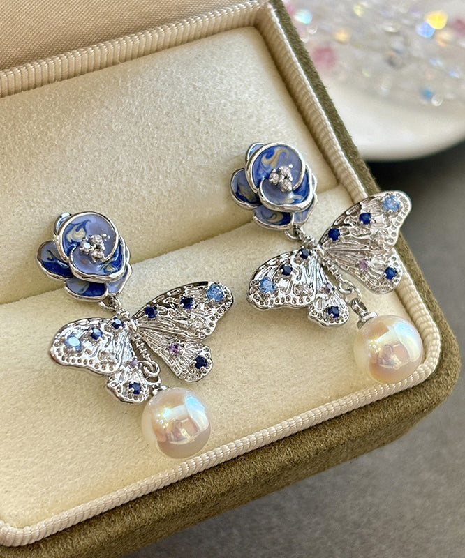 Silver Overgild Blue Zircon Crystal Retro Pearl Sterling