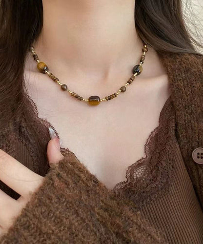 Retro Brown Bilayer Beading Tiger's Eye Pendant Necklace QD040