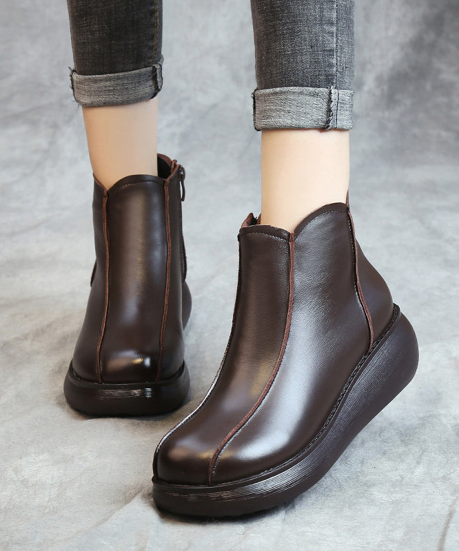 Retro Brown Cowhide Leather Splicing Platform Ankle Boots TE020