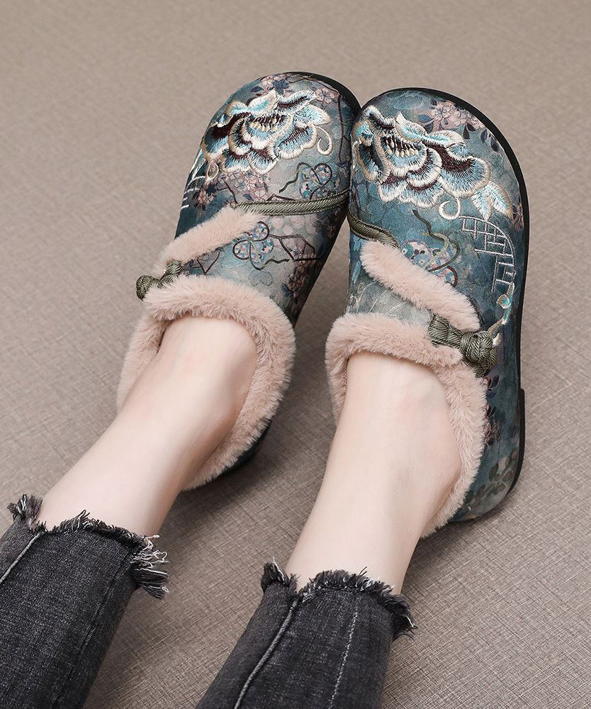 Retro Coffee Embroidery Flat Shoes Splicing Fuzzy Wool Lined TQ051